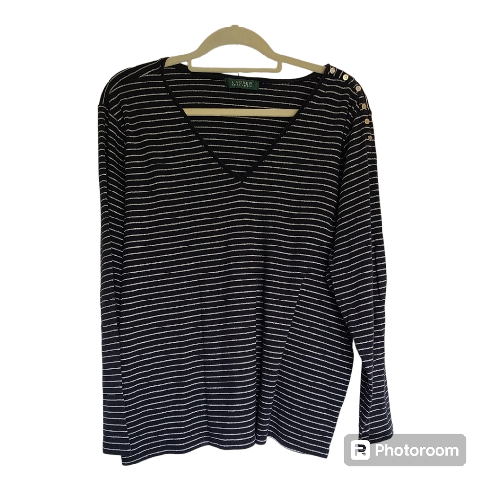 Lauren Ralph Lauren v neck black top with silver sparkly horizontal‎ line…